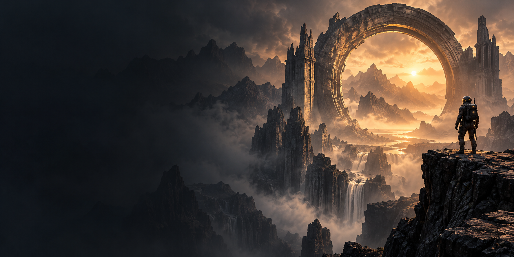 An explorer beside an illuminated portal in a mountain landscape
